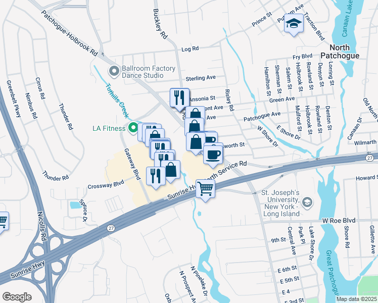 map of restaurants, bars, coffee shops, grocery stores, and more near 450 Waverly Ave in Patchogue
