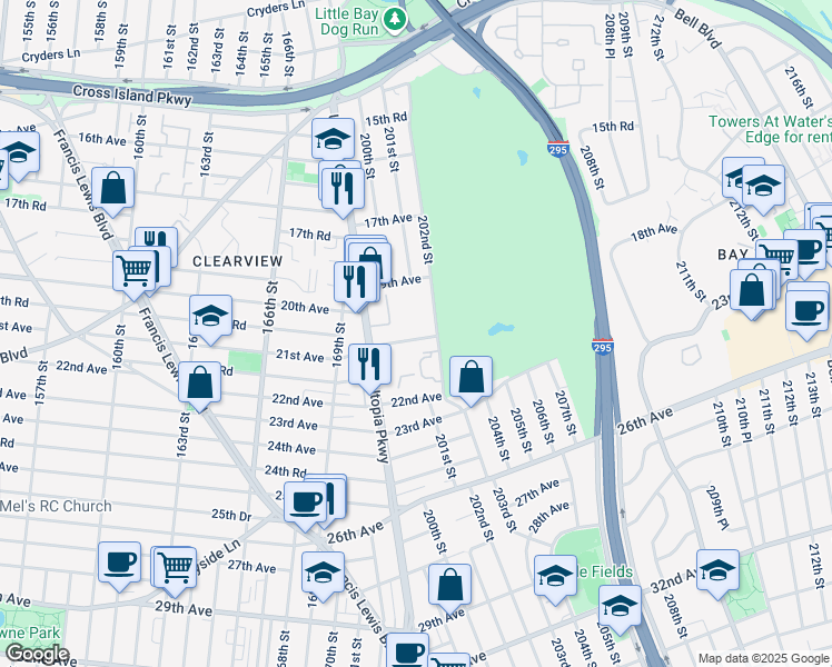 map of restaurants, bars, coffee shops, grocery stores, and more near 199-25 21st Avenue in Queens