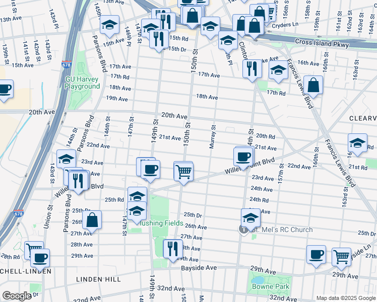 map of restaurants, bars, coffee shops, grocery stores, and more near 150-27 22nd Avenue in Queens