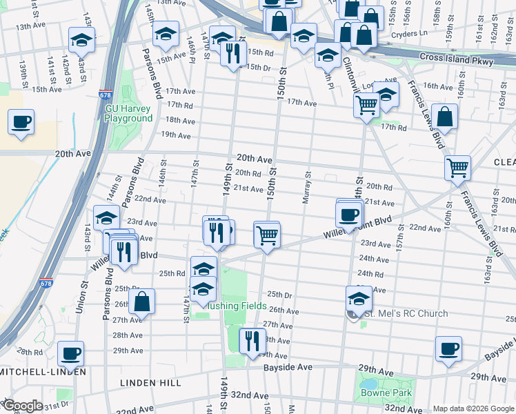 map of restaurants, bars, coffee shops, grocery stores, and more near 21-32 150th Street in Queens