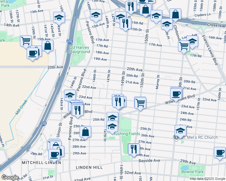 map of restaurants, bars, coffee shops, grocery stores, and more near 147-34 22nd Avenue in Queens