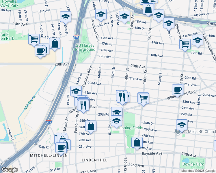 map of restaurants, bars, coffee shops, grocery stores, and more near in Queens
