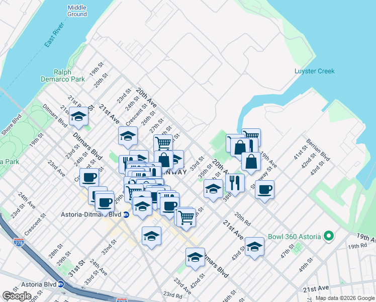map of restaurants, bars, coffee shops, grocery stores, and more near 31-05 20th Road in Queens