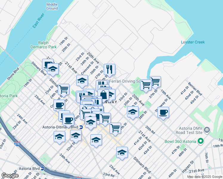 map of restaurants, bars, coffee shops, grocery stores, and more near 21-21 31st Street in Queens
