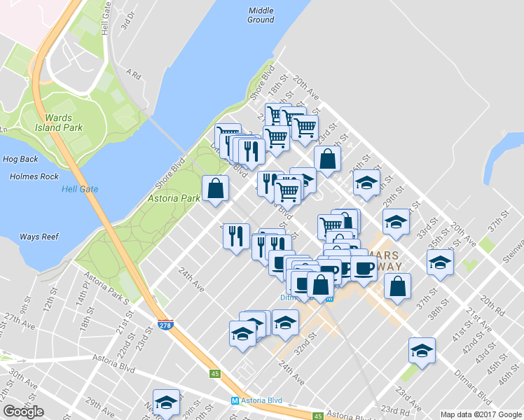 map of restaurants, bars, coffee shops, grocery stores, and more near 22-06 Crescent Street in Queens