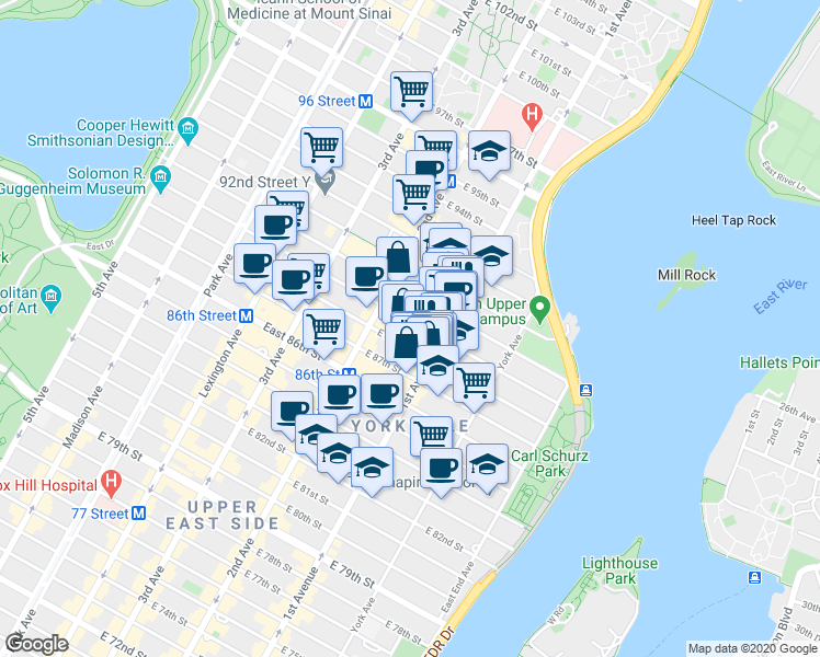 map of restaurants, bars, coffee shops, grocery stores, and more near 352 East 89th Street in New York