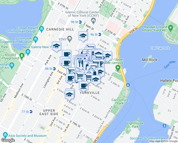 map of restaurants, bars, coffee shops, grocery stores, and more near 311 East 88th Street in New York