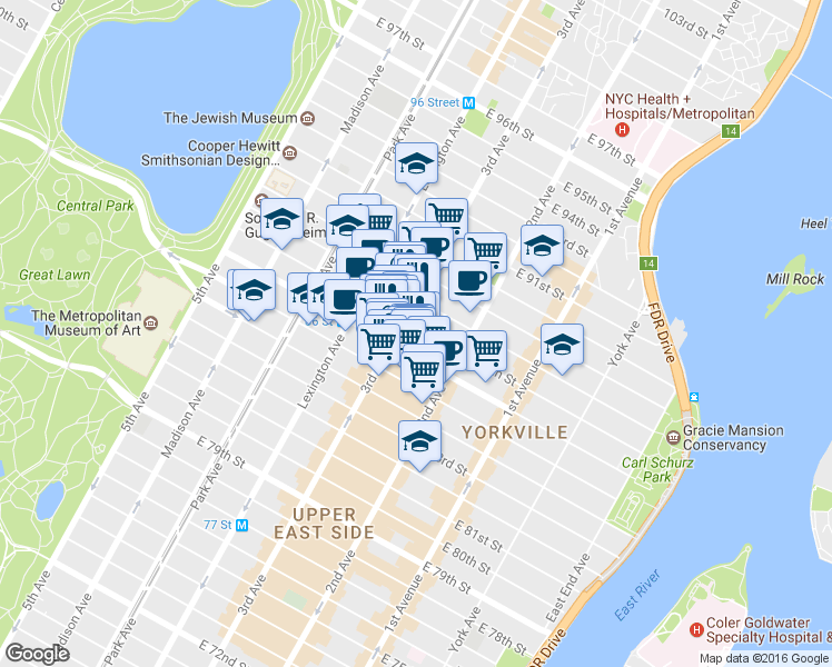 map of restaurants, bars, coffee shops, grocery stores, and more near 1529 3rd Avenue in New York