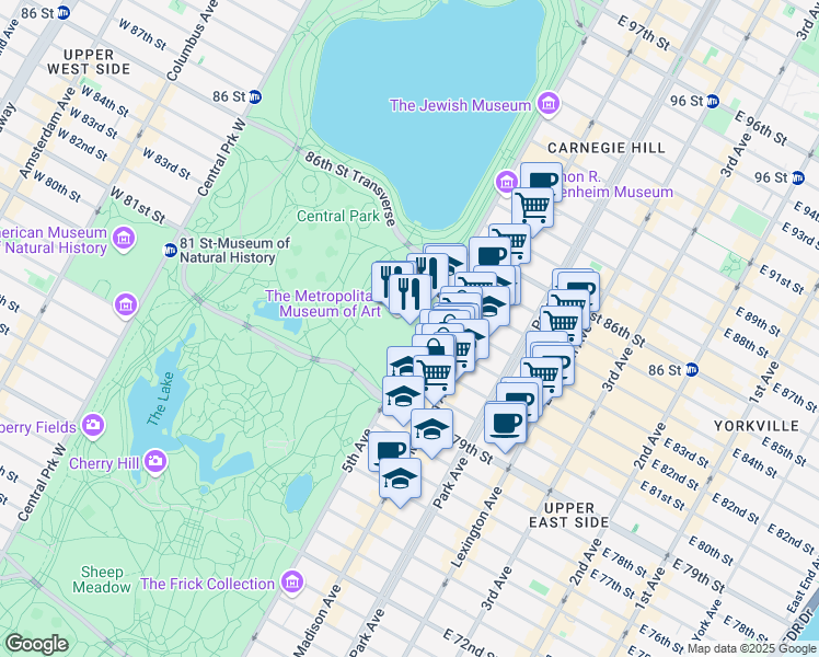 map of restaurants, bars, coffee shops, grocery stores, and more near 1000 Museum Mile in New York