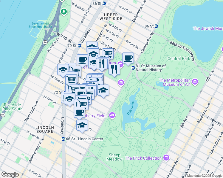 map of restaurants, bars, coffee shops, grocery stores, and more near 22 West 76th Street in New York
