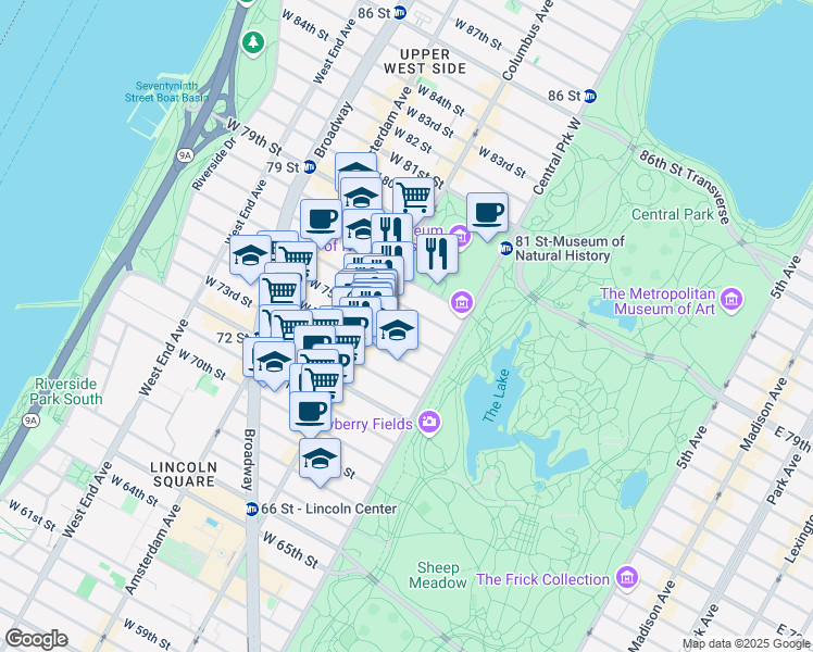 map of restaurants, bars, coffee shops, grocery stores, and more near 22 West 76th Street in New York