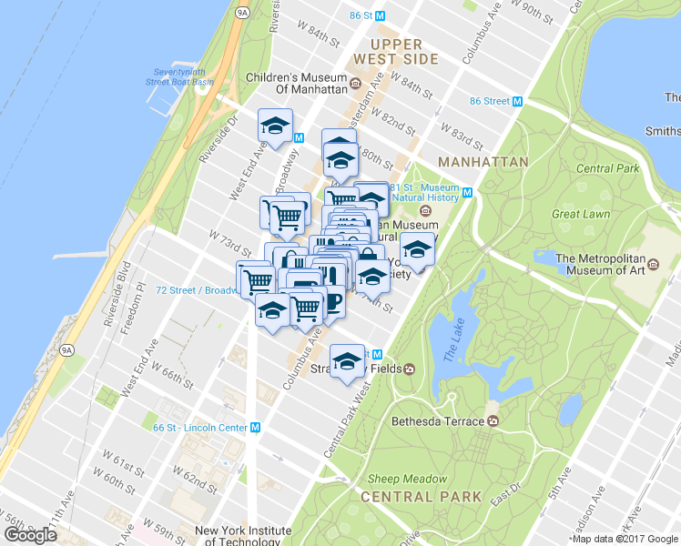 map of restaurants, bars, coffee shops, grocery stores, and more near in New York