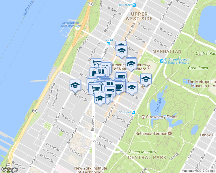 map of restaurants, bars, coffee shops, grocery stores, and more near 155 West 73rd Street in New York