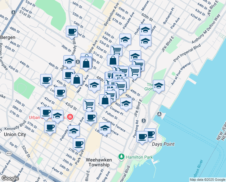 map of restaurants, bars, coffee shops, grocery stores, and more near 116 47th Street in Union City