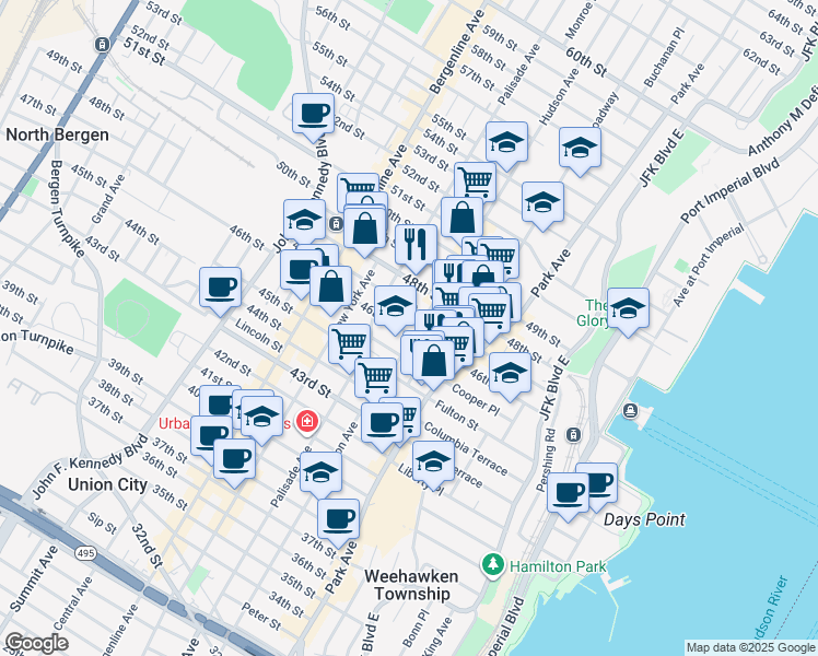map of restaurants, bars, coffee shops, grocery stores, and more near 4604 Hudson Avenue in Union City
