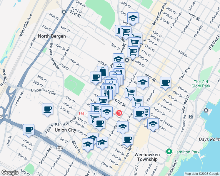 map of restaurants, bars, coffee shops, grocery stores, and more near 516 Lincoln Street in Union City
