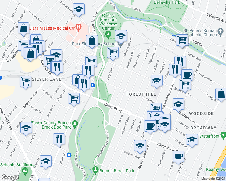 map of restaurants, bars, coffee shops, grocery stores, and more near 84 Forest Hill Parkway in Newark