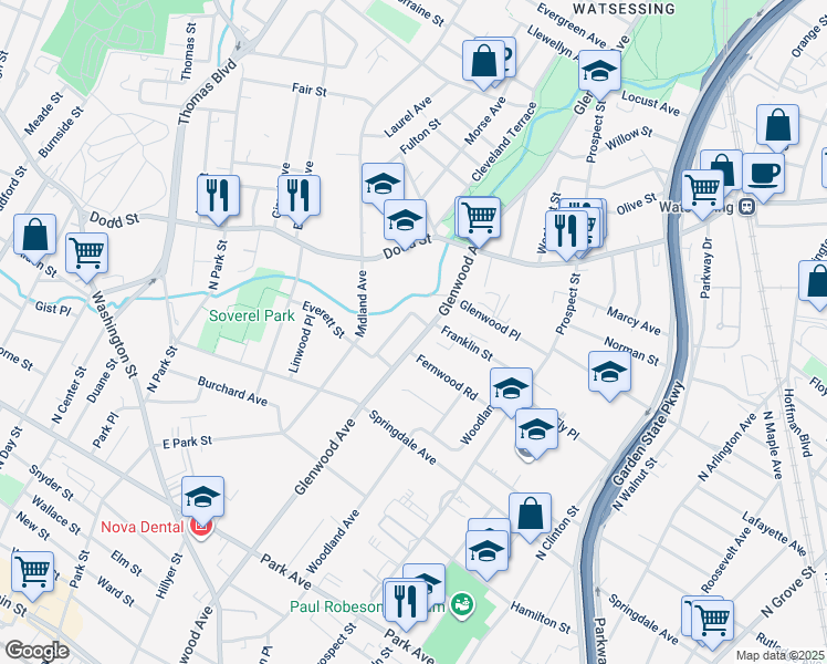 map of restaurants, bars, coffee shops, grocery stores, and more near 310 Glenwood Avenue in East Orange