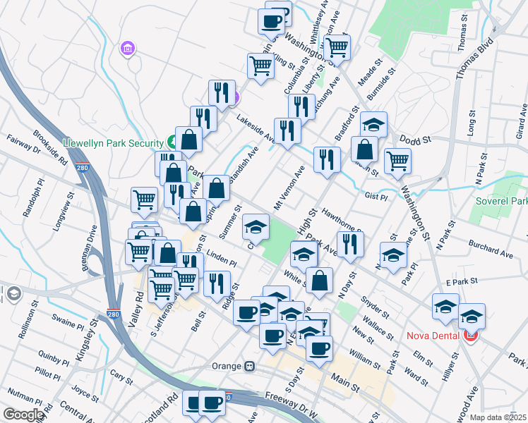 map of restaurants, bars, coffee shops, grocery stores, and more near 470 Park Avenue in City of Orange