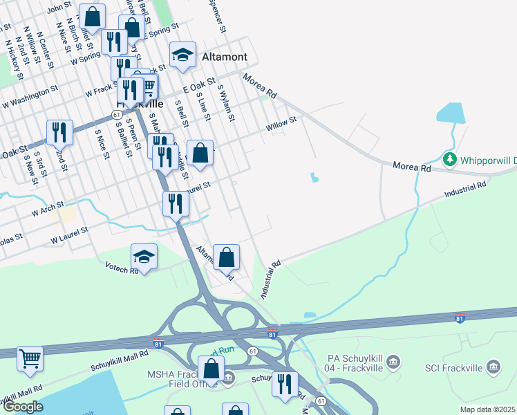 map of restaurants, bars, coffee shops, grocery stores, and more near 505 South Wylam Street in Frackville
