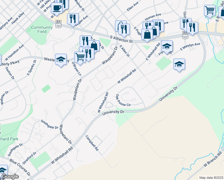 map of restaurants, bars, coffee shops, grocery stores, and more near 119-130 Oak Pointe Cir in State College