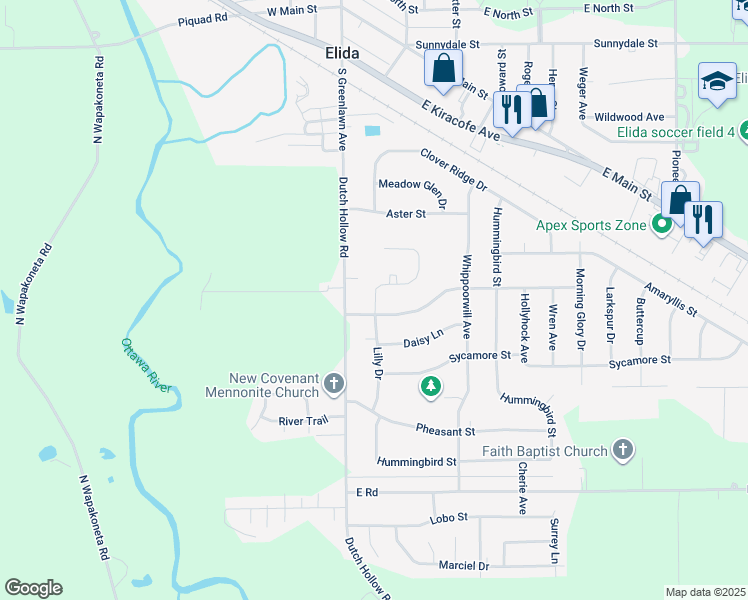 map of restaurants, bars, coffee shops, grocery stores, and more near 2907 Lilly Dr in Elida