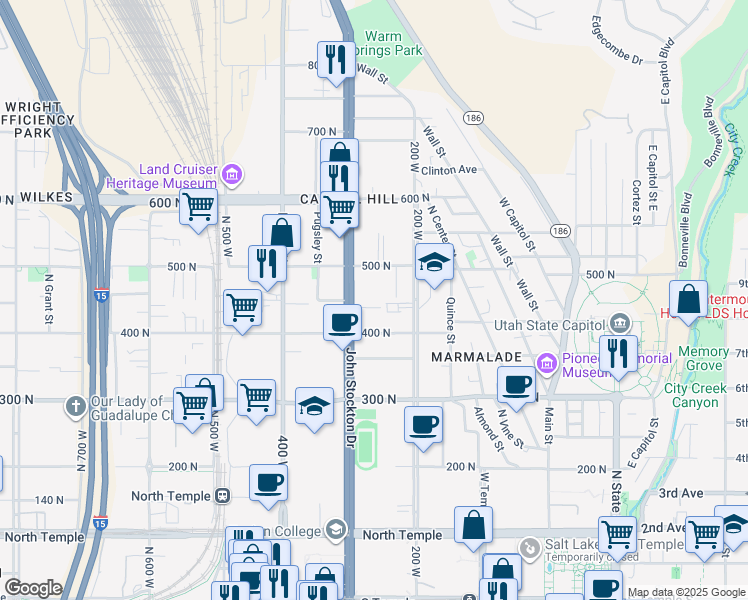 map of restaurants, bars, coffee shops, grocery stores, and more near 441 Bishop Place in Salt Lake City