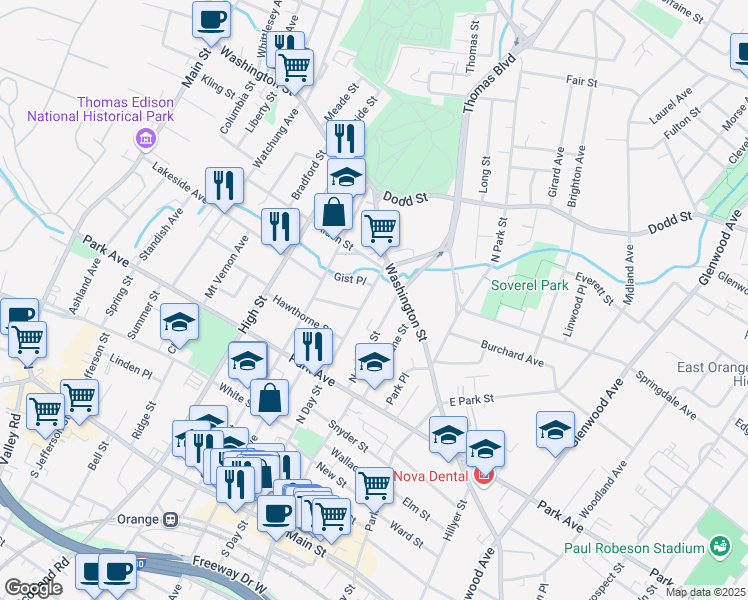 map of restaurants, bars, coffee shops, grocery stores, and more near 274 North Day Street in City of Orange