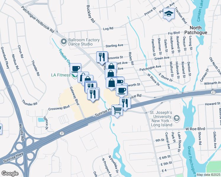 map of restaurants, bars, coffee shops, grocery stores, and more near 440 Waverly Avenue in Patchogue