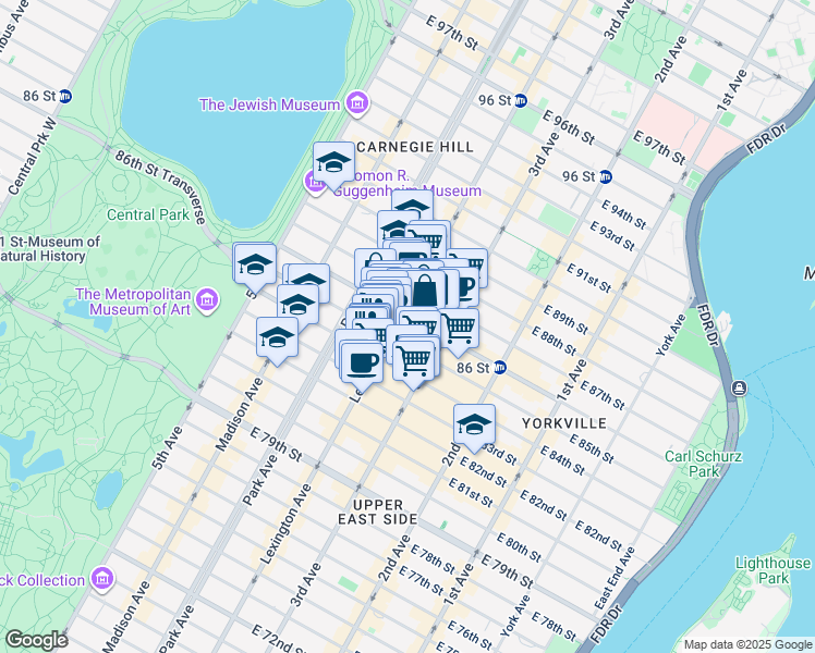 map of restaurants, bars, coffee shops, grocery stores, and more near 150 East 86th Street in New York