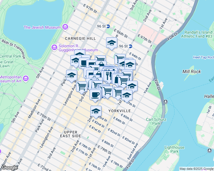 map of restaurants, bars, coffee shops, grocery stores, and more near 1693 2nd Avenue in New York