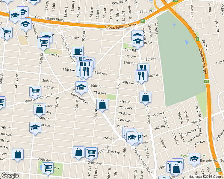 map of restaurants, bars, coffee shops, grocery stores, and more near 163-52 20th Road in Queens