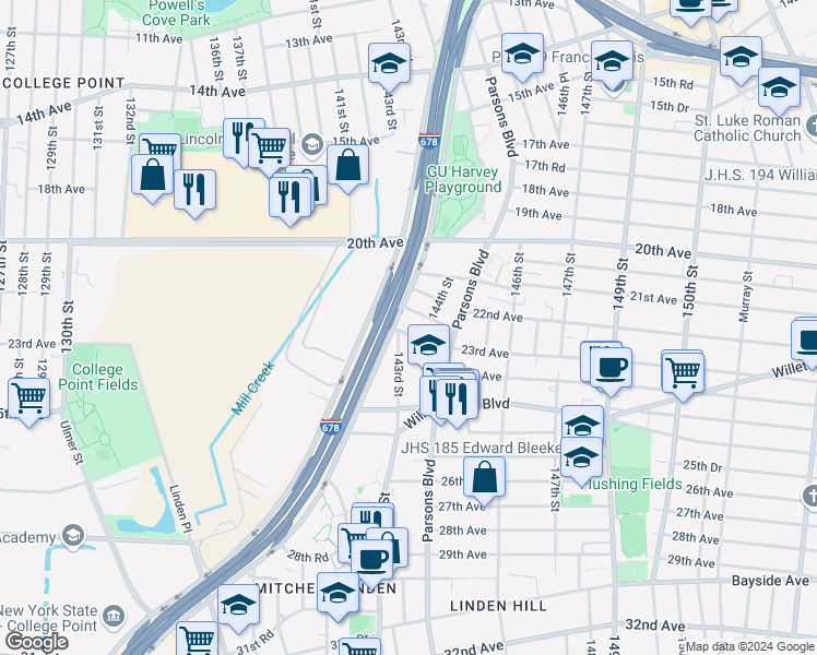map of restaurants, bars, coffee shops, grocery stores, and more near 143-11 22nd Road in Queens