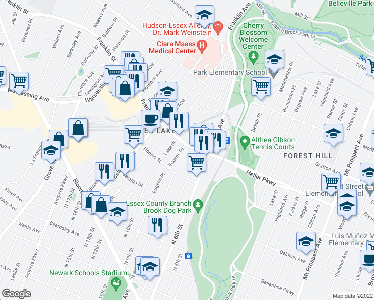 map of restaurants, bars, coffee shops, grocery stores, and more near 35 Franklin Street in Belleville