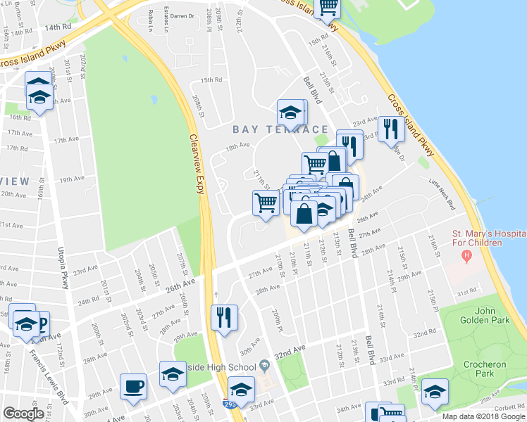 map of restaurants, bars, coffee shops, grocery stores, and more near 211-0-211-98 23rd Avenue in Queens