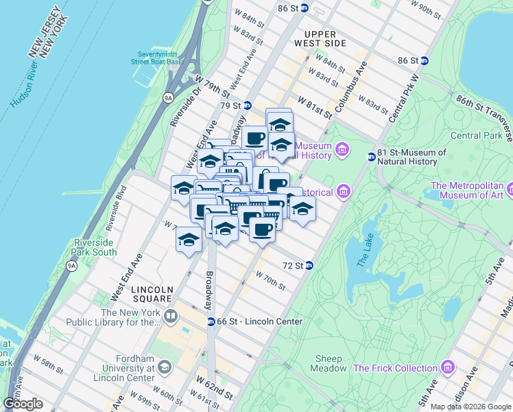 map of restaurants, bars, coffee shops, grocery stores, and more near 136 West 74th Street in New York