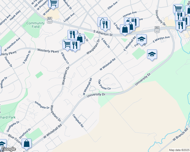 map of restaurants, bars, coffee shops, grocery stores, and more near 119-130 Oak Pointe Cir in State College