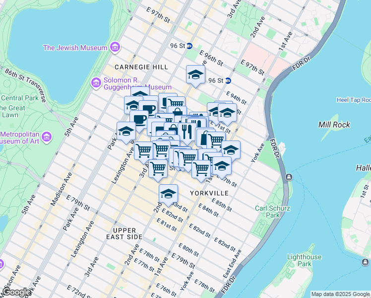 map of restaurants, bars, coffee shops, grocery stores, and more near 244 East 88th Street in New York