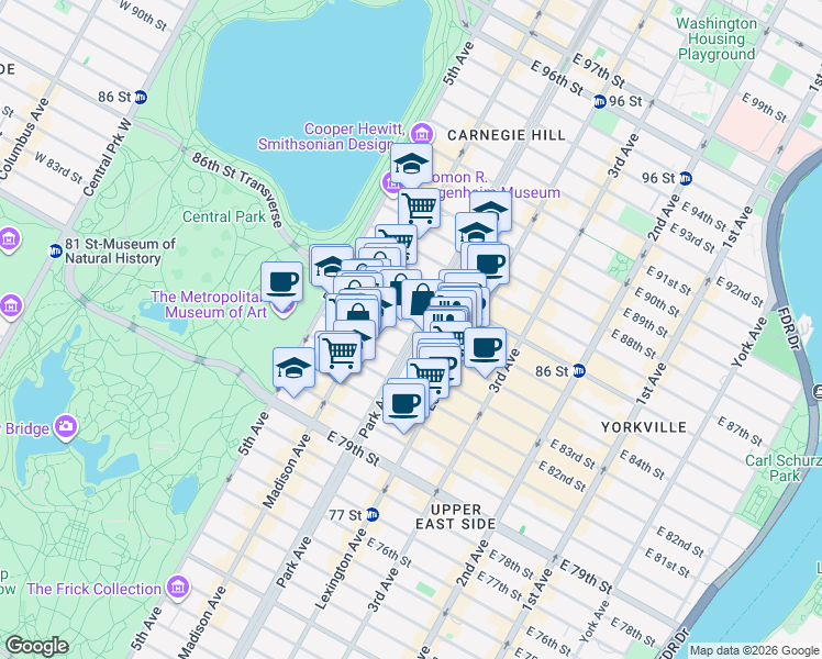 map of restaurants, bars, coffee shops, grocery stores, and more near 1000 Park Avenue in New York