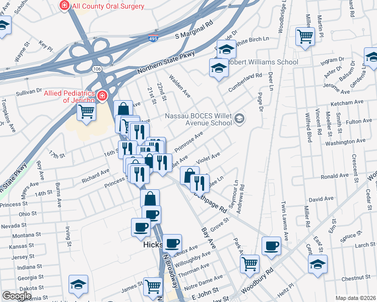 map of restaurants, bars, coffee shops, grocery stores, and more near 26 Willet Avenue in Hicksville
