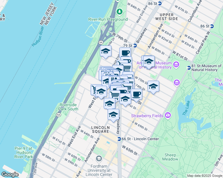 map of restaurants, bars, coffee shops, grocery stores, and more near 224 West 72nd Street in New York