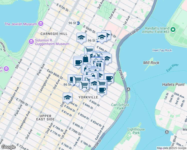 map of restaurants, bars, coffee shops, grocery stores, and more near 389 East 89th Street in New York