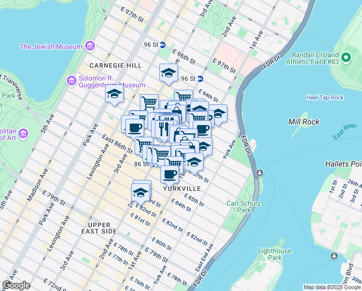 map of restaurants, bars, coffee shops, grocery stores, and more near 318 East 89th Street in New York