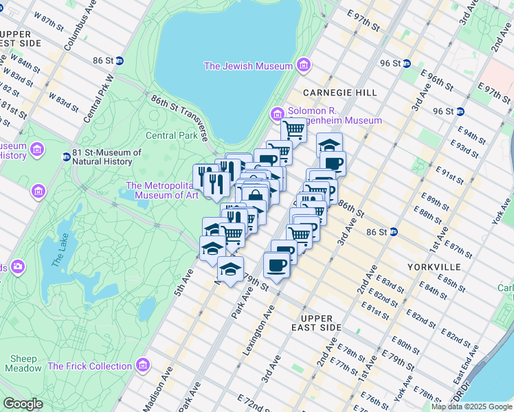 map of restaurants, bars, coffee shops, grocery stores, and more near 31 East 83rd Street in New York