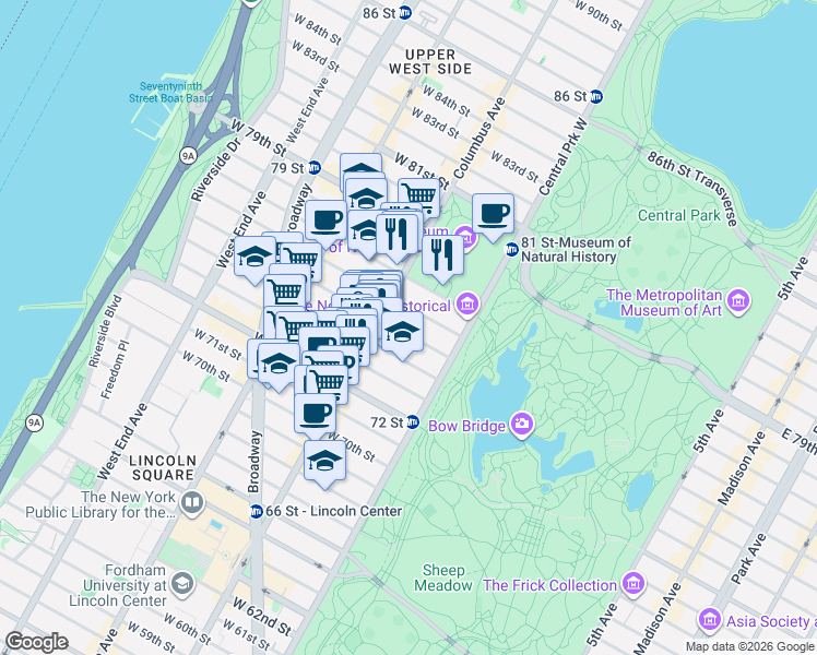 map of restaurants, bars, coffee shops, grocery stores, and more near 22 West 76th Street in New York