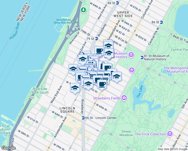 map of restaurants, bars, coffee shops, grocery stores, and more near 175 West 73rd Street in New York