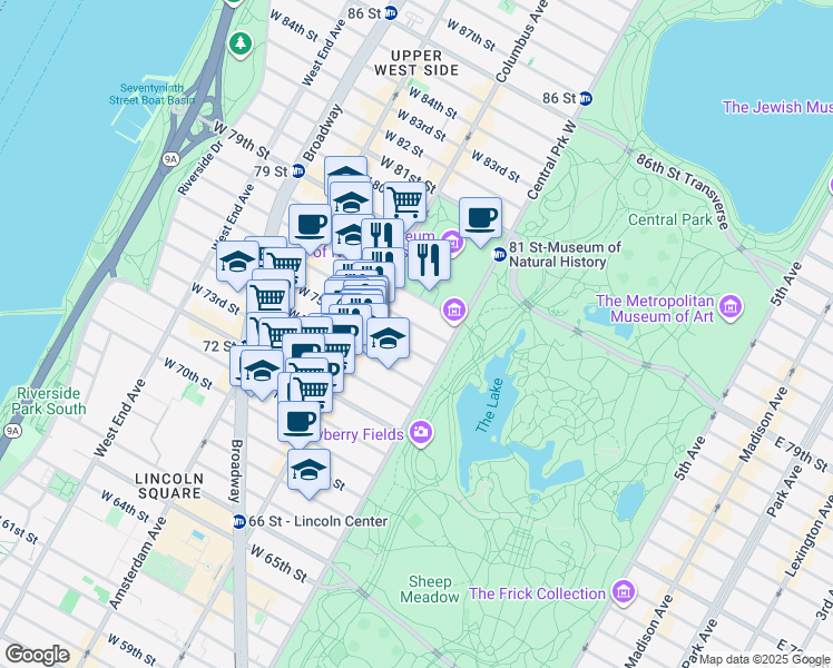 map of restaurants, bars, coffee shops, grocery stores, and more near 22 West 76th Street in New York