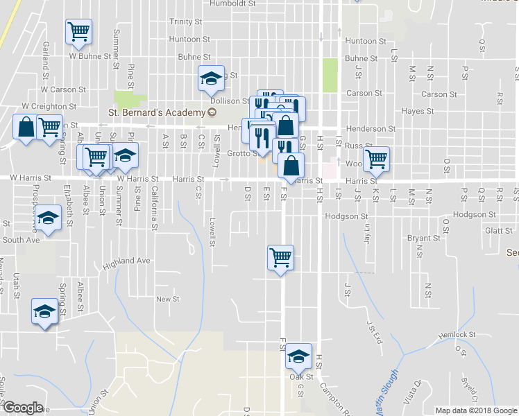 map of restaurants, bars, coffee shops, grocery stores, and more near 327 Hodgson Street in Eureka