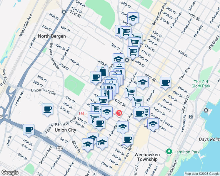 map of restaurants, bars, coffee shops, grocery stores, and more near 516 Lincoln Street in Union City