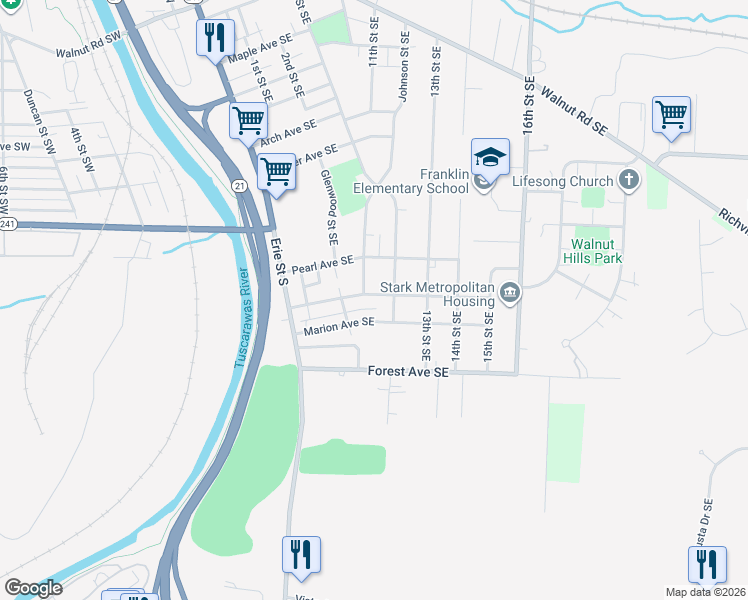 map of restaurants, bars, coffee shops, grocery stores, and more near 1115 Woodland Avenue Southeast in Massillon